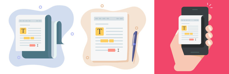Text document editor app software on mobile cell phone icon vector flat cartoon graphic, spell check grammar correction digital online virtual illustration set, content writing on cellphone smartphone