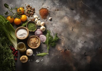 Cooking background, white marble table. Fresh raw vegetables, herbs, spices, Copy space