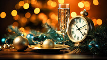 Winter Composition For New Year, Christmas. Retro Alarm Clock, Glass Of Champagne, Christmas Toys On Holiday Background