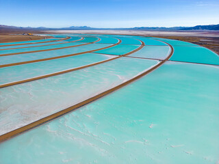 Aerial view of lithium fields / evaporation ponds in the highlands of northern Argentina, South America - a surreal, colorful landscape where batteries are born