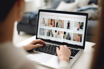 A woman is shopping for clothes with a laptop via an online store website.