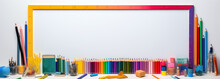Many Colored Pencils On Isolation. Pencils On White Background,a Rainbow Colored Frame With Pencils And Other School.