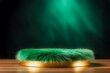 Empty round green fur podium for presentation on plush emerald green background. Show case for natural cosmetic products. Scene stage for high-fashion product, promotion sale and presentation