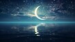 Dark starry night sky above calm ocean and fantastic big half moon shines at the mirror water surface. With no people simple natural background 3D illustration 