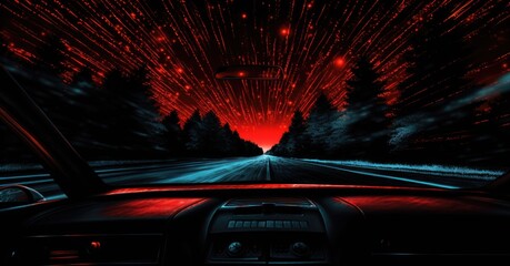 Sticker - A car driving through the night with red and blue lights, AI