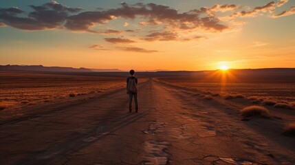 Canvas Print - A lone person standing on a road at sunset, AI