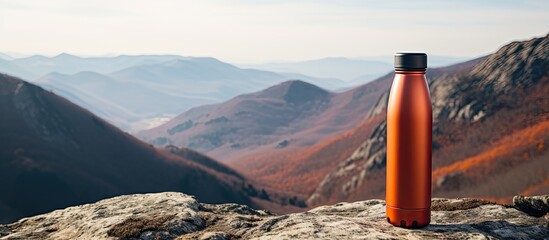 Mountain rock serving as a space for text with a thermos nearby