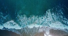 Top-view Beach Phuket Thailand Tropical Beach Aerial Drone Top Down View Bird Eye View Of Sea Blue Waves Break On Rock And Sand. Beautiful Of Sea Water Wave Come To Beach.