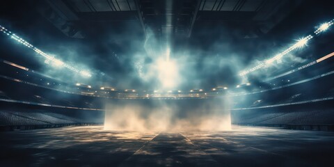 Canvas Print - Vivid stadium arena lights shining brightly, illuminating the night with a mix of stadium lights and smoke, creating a captivating atmosphere.