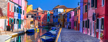 Italy Travel And Landmarks. Most Colorful Places (towns) - Burano Island, Village With Vivid Houses Near Venice.