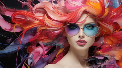 Poster -  a mannequin with colorful hair and sunglasses on it's head and a black background with pink, blue, orange, and yellow swirls.  generative ai