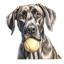 Great Dane Dog With A Tennis Ball In Mouth, Isolated On White Transparent Background
