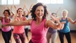© Hixel - Middle-aged white women enjoying a joyful dance class, candidly expressing their active lifestyle through Zumba with friends, generative ai
