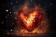Huge Flaming Heart On An Abstract Background. Valentines Day Concept. Symbol Of Flame Love
