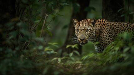 Sticker - AI generated illustration of A majestic leopard prowling through the forests