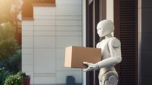 Humanoid Robot Delivering A Box To A House. Future Concept