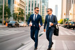 © GustavsMD - Two attractive confident hispanic businessmen in suits walking outdoors at the city streets. Two businessmen walking and talking at urban city. Middle eastern businessman walking near office building.