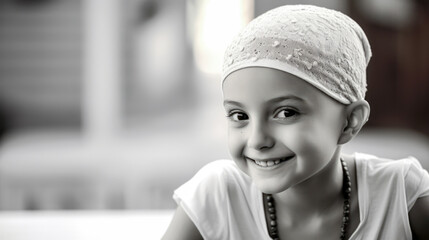 Wall Mural - A black and white photo of little cancer patient.