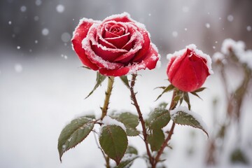 Wall Mural - A red rose stem emerges through snow amidst a winter background. ai generative