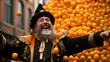 Gilles in Binche Carnival costumes throwing oranges, Belgium.