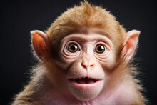 Portrait Of A Cute Baby Monkey With Surprised Expression On A Black Background. Ai Generative
