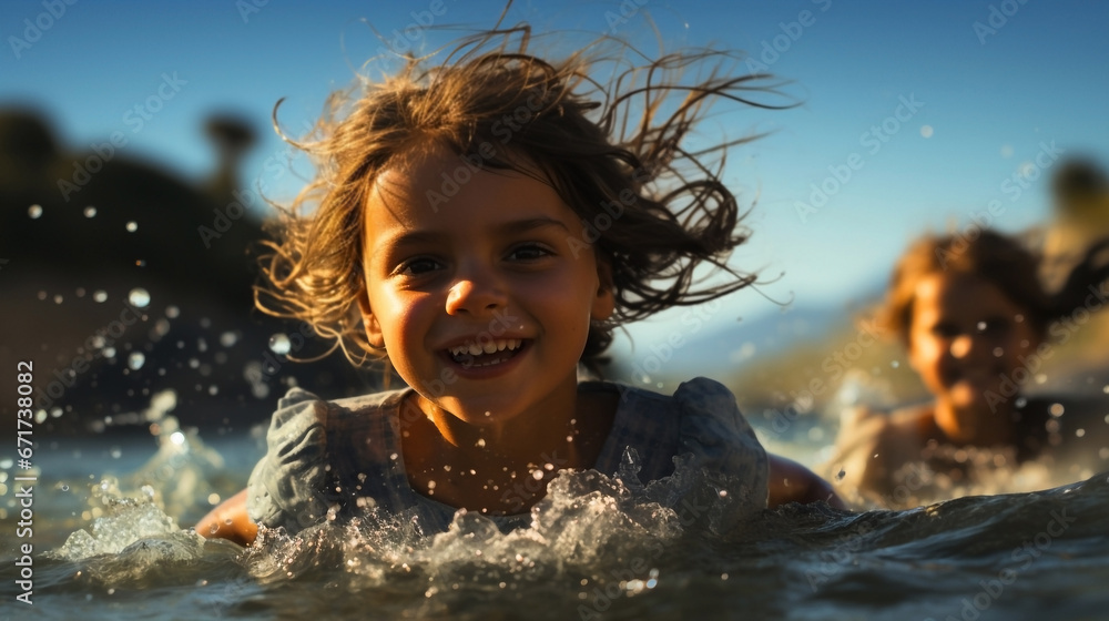 Illustration of two little children playing in the sea. Water splashes ...