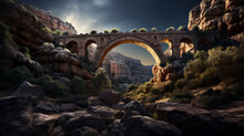 An Old Stone Bridge Spans A Deep Canyon, Its Arched Structure Silhouetted Against The Star-filled Night Sky