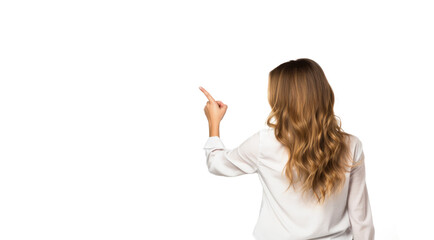 Wall Mural - Back view of a woman in a white shirt pointing her finger to the side isolated on a white background. Free space for product placement or advertising text.