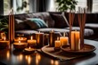 interior of a room, Scented candles and aroma incense sticks on table in living room