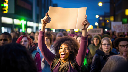Wall Mural - A woman holding up a sign in a crowd, AI