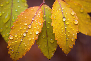 gros plan sur des feuilles d'arbre en automne avec la rosée du matin