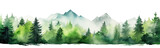 Fototapeta Natura - Watercolor mountains spruce trees landscape border, isolated hand drawn, watercolor illustration transparent background - Generative ai