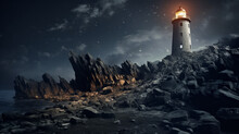 An Old Lighthouse Stands Atop A Rocky Cliff, Its Light Piercing Through The Darkness Of The Night 
