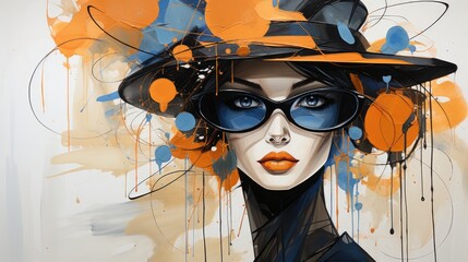 Wall Mural -  a painting of a woman wearing a black hat and sunglasses with orange and blue paint splatters on it.  generative ai