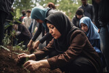 Fototapeta  - A Muslim woman participating in an interfaith community service event, a positive impact in the community.The power of collaboration and collective action.