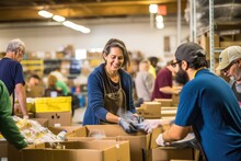 Volunteers Of All Ages Working Together At A Local Food Bank, Sorting And Packing Donations For Those In Need, Radiating Compassion And Teamwork.