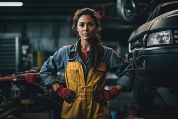 A woman auto mechanic in a garage, holding a wrench and working on a car, highlighting her expertise in automotive repair and challenging gender stereotypes in the field.