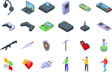 Wall Mural - Virtual reality gaming arcade icons set isometric vector. Gamer geek phone. Device metaverse controller
