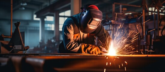 Wall Mural - Metal welder working with arc welding at wokshop, Industrial worker is welding steel products in a factory, sparks fly