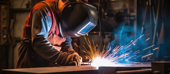 Wall Mural - Metal welder working with arc welding at wokshop, Industrial worker is welding steel products in a factory, sparks fly