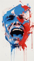 Wall Mural -  a painting of a man's face with red, white, and blue paint splattered all over it.  generative ai