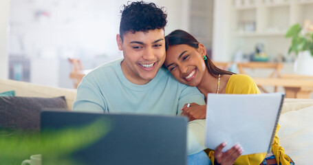 Online, investment and couple in home with laptop and paperwork for loan, mortgage or real estate. Banking, budget or review information on computer with documents for finance, property or saving