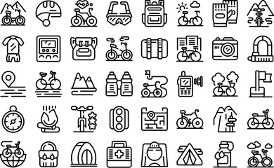 Wall Mural - Bike trip icons set outline vector. Camp tool safety. Travel sport camping