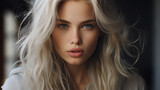 Fototapeta Most - beautiful young woman face closeup. light blond. light grey eyes