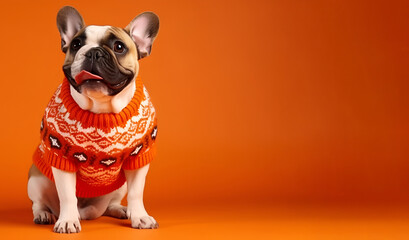 Wall Mural - A small and charming dog wearing a Christmas sweater set against an orange backdrop