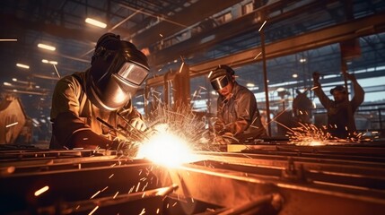 Wall Mural - Metal welder working with arc welding at wokshop, Industrial worker is welding steel products in a factory, sparks fly