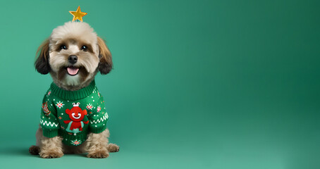 Wall Mural - A lovable dog wearing a Christmas sweater against a green backdrop