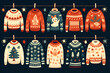 Illustration of Christmas sweaters showcased against a dark background