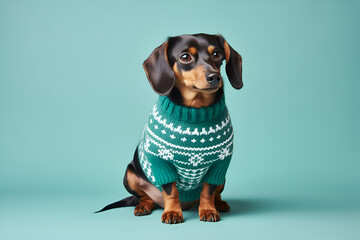 Wall Mural - Dachshund dog in a Christmas sweater on a blue background