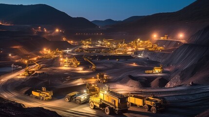 Wall Mural - Mine industry, excavator and truck for coal quarry, Large quarry dump truck. Big yellow mining truck Open pit at work site.
